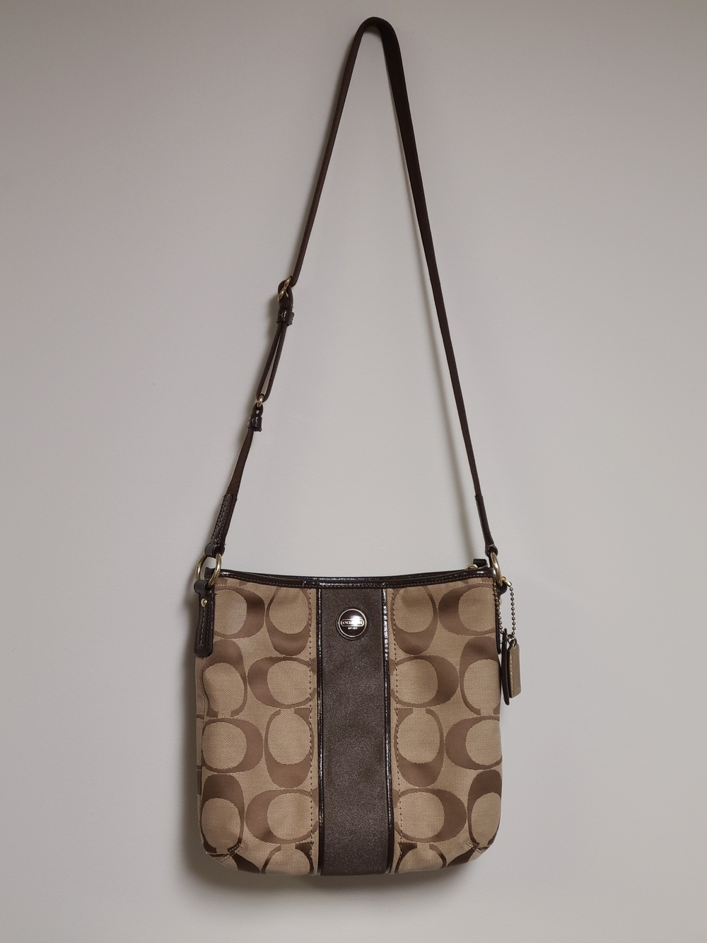 Coach Khaki Signature Canvas Crossbody Bag with Brown Trim